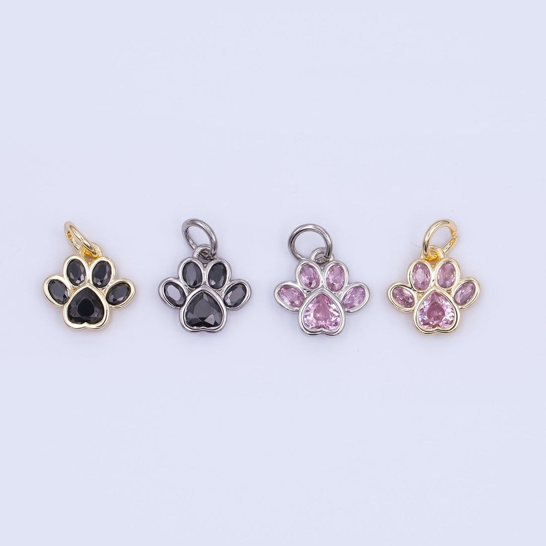 24K Gold Filled Black, Clear, Pink CZ Paw Print Charm in Gold &amp; Silver | AF454 - AF456
