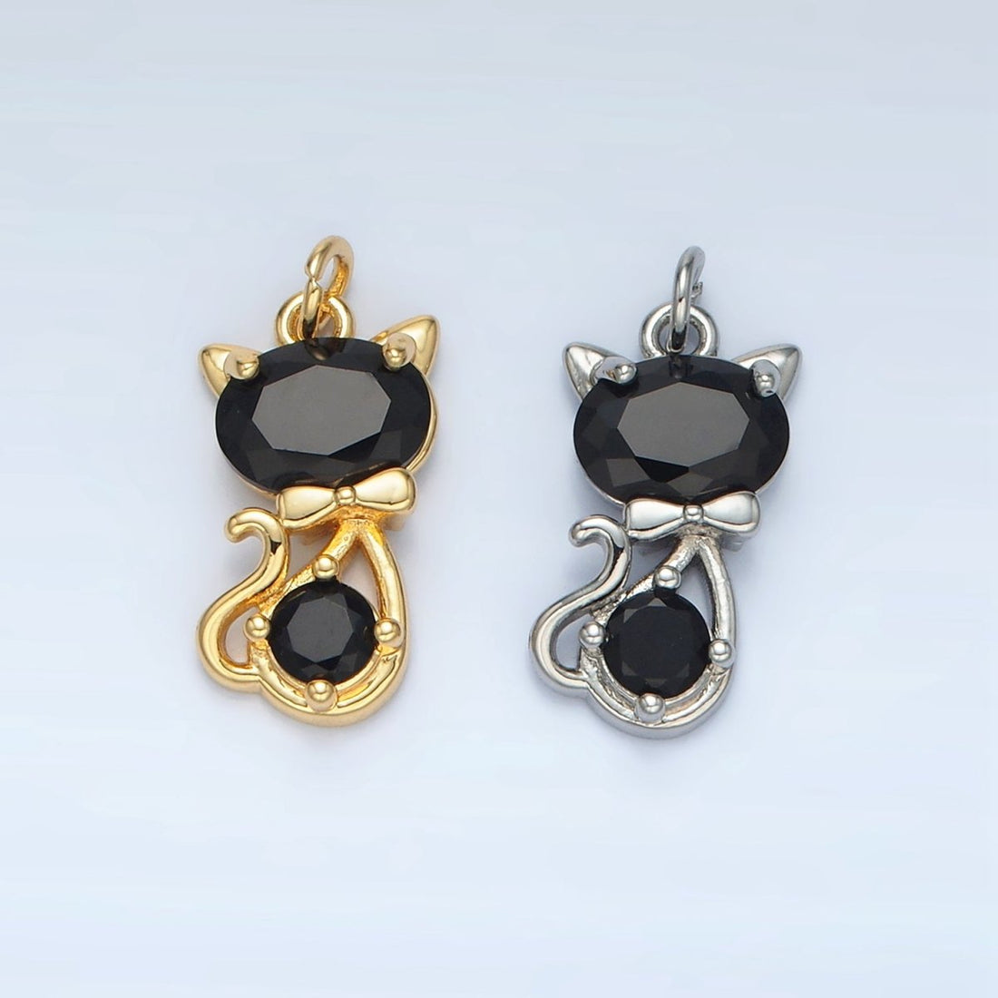 24K Gold Filled Black CZ Bow Tied Kitty Cat Animal Charm in Gold &amp; Silver | X309