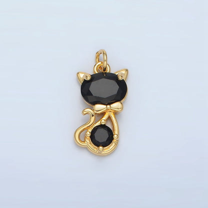24K Gold Filled Black CZ Bow Tied Kitty Cat Animal Charm in Gold &amp; Silver | X309