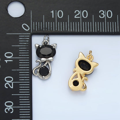 24K Gold Filled Black CZ Bow Tied Kitty Cat Animal Charm in Gold &amp; Silver | X309