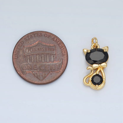 24K Gold Filled Black CZ Bow Tied Kitty Cat Animal Charm in Gold &amp; Silver | X309