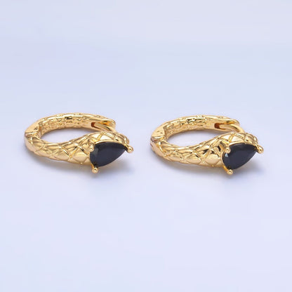 24K Gold Filled Black CZ Teardrop Quilted Scaled Snake Huggie Earrings | AB1461