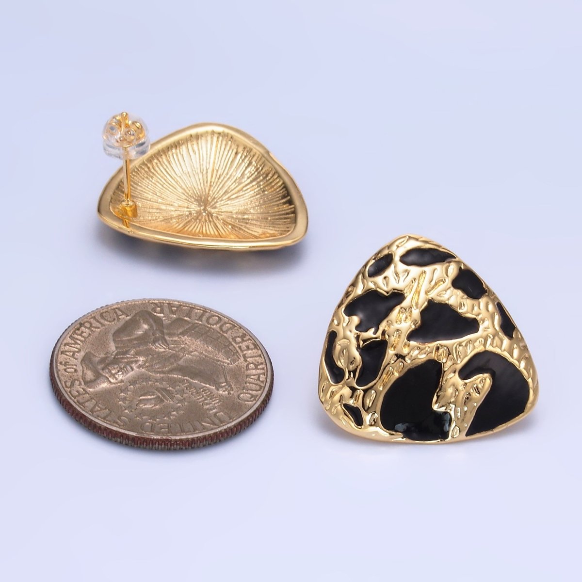 24K Gold Filled Black Enamel Cheetah Textured Triangle Stud Earrings in Gold &amp; Silver | AB1420 AB1419