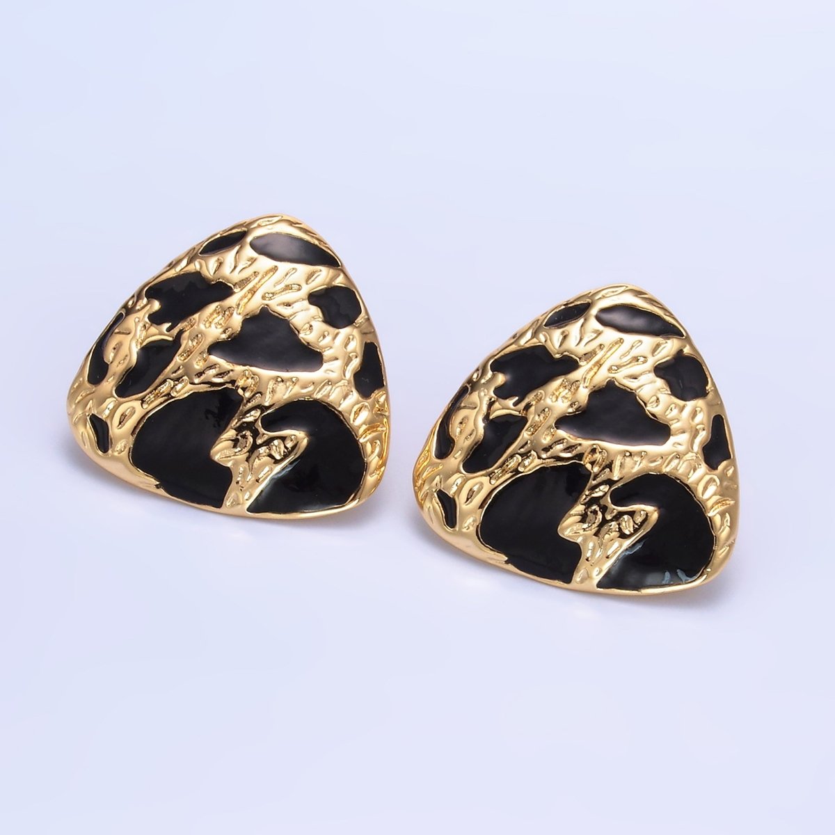 24K Gold Filled Black Enamel Cheetah Textured Triangle Stud Earrings in Gold &amp; Silver | AB1420 AB1419