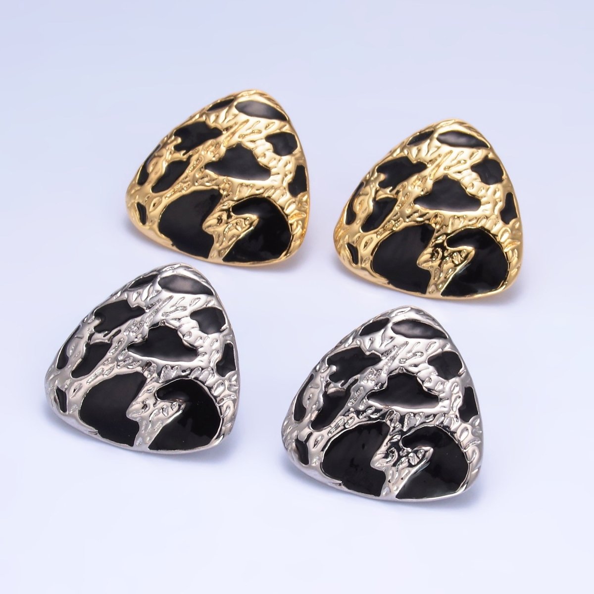 24K Gold Filled Black Enamel Cheetah Textured Triangle Stud Earrings in Gold &amp; Silver | AB1420 AB1419
