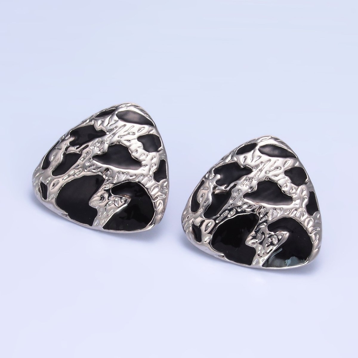 24K Gold Filled Black Enamel Cheetah Textured Triangle Stud Earrings in Gold &amp; Silver | AB1420 AB1419