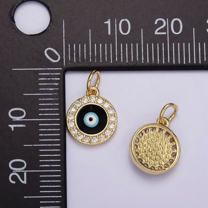 24K Gold Filled Black Evil Eye Enamel Micro Paved CZ Round Charm | M109