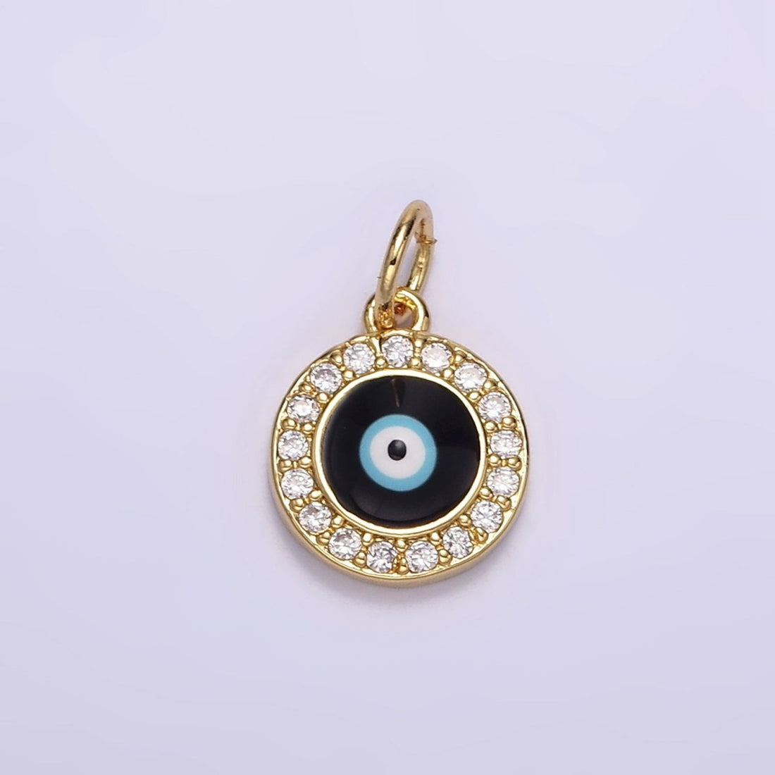 24K Gold Filled Black Evil Eye Enamel Micro Paved CZ Round Charm | M109