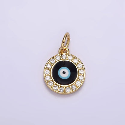 24K Gold Filled Black Evil Eye Enamel Micro Paved CZ Round Charm | M109