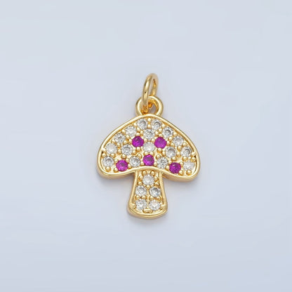 24K Gold Filled 16mm Black, Fuchsia, Blue, Green Micro Paved CZ Mushroom Charm | AG852 AG853