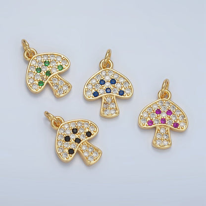 24K Gold Filled 16mm Black, Fuchsia, Blue, Green Micro Paved CZ Mushroom Charm | AG852 AG853