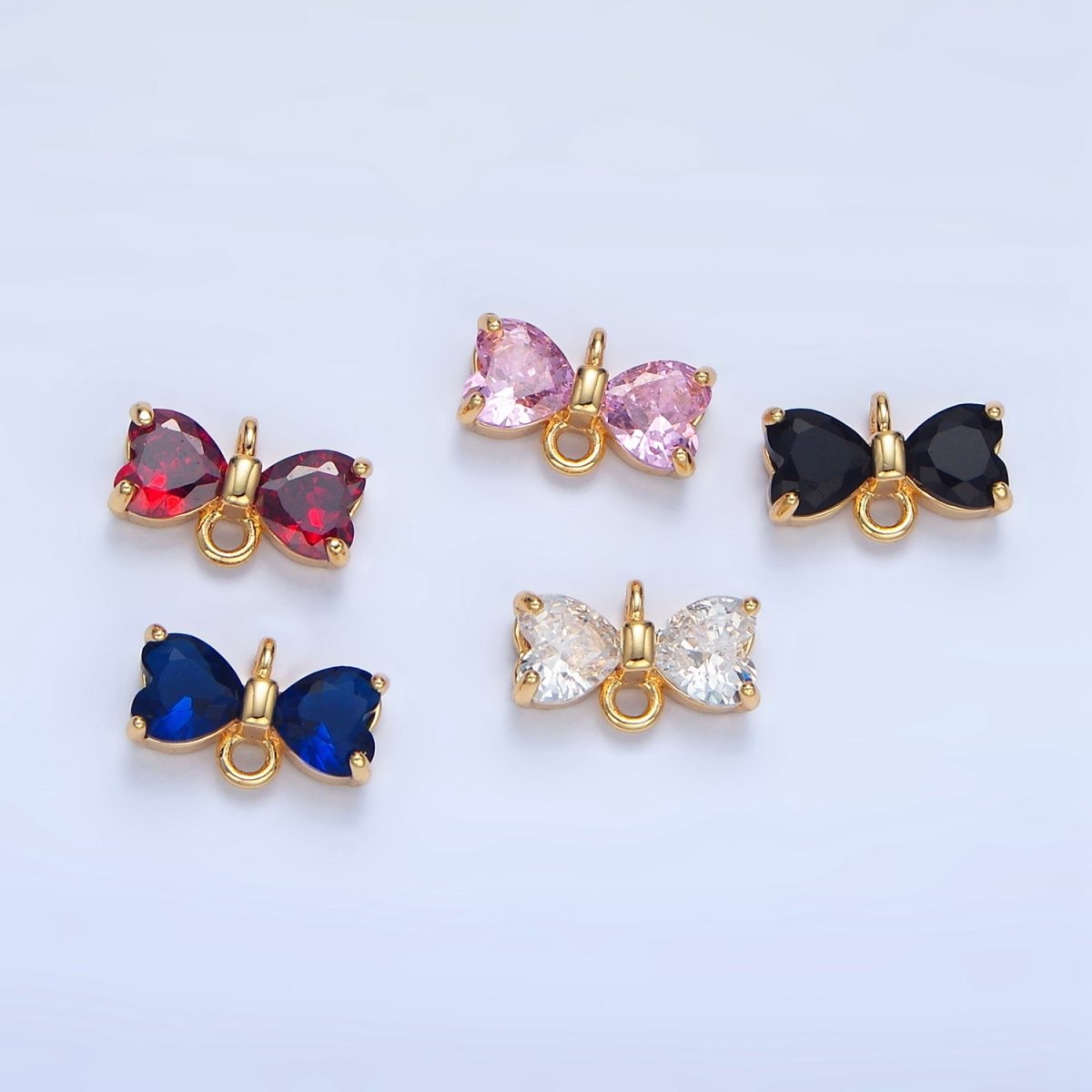 24K Gold Filled Black, Pink, Blue, Red, Clear CZ Ribbon Bow Connector | F641 - F643