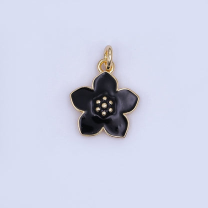 24K Gold Filled Black, White, Purple, Blue Enamel Flower Charm | N120 N121