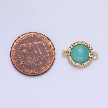 24K Gold Filled Blue Amazonite Natural Gemstone Micro Paved CZ Round Connector | Y-794