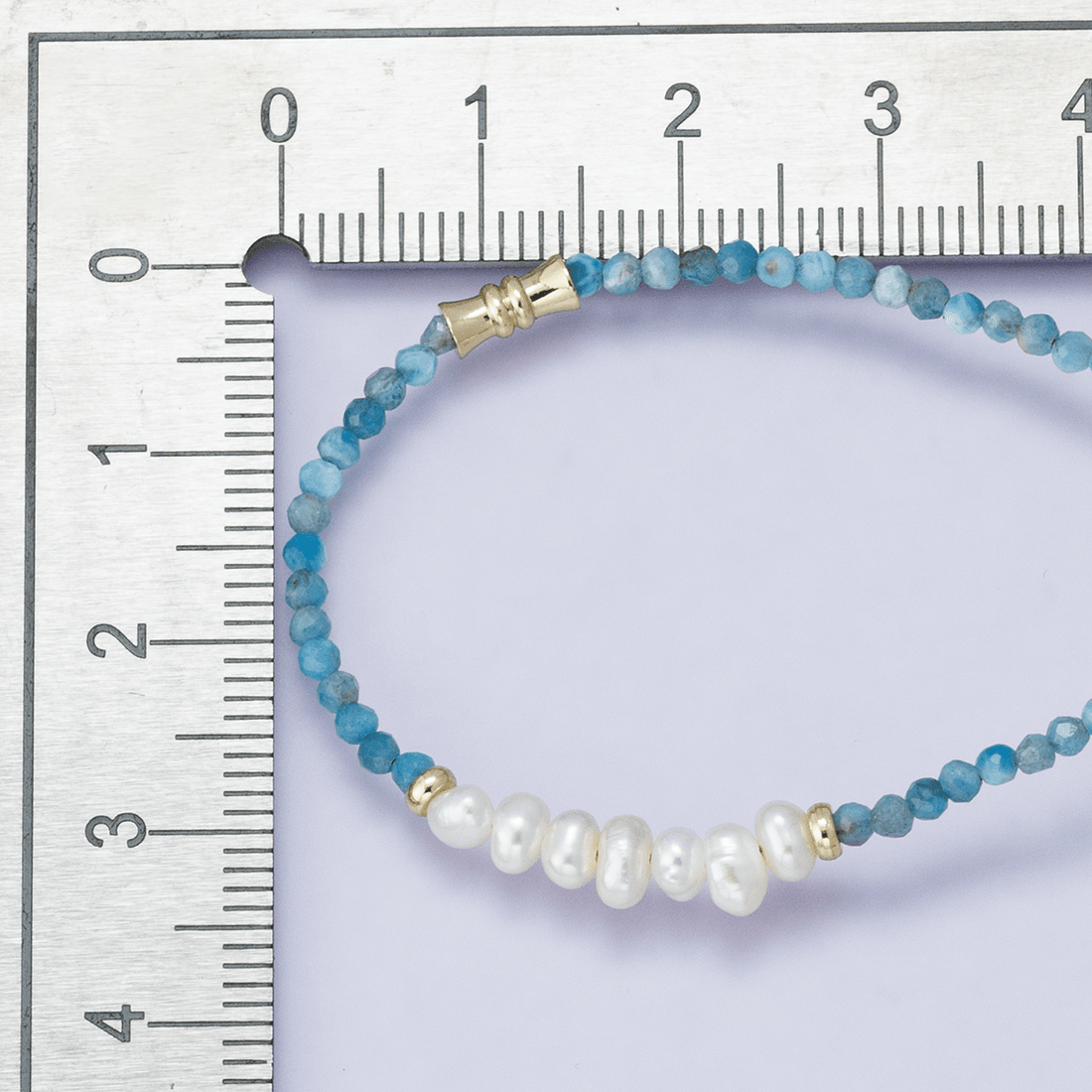 24K Gold Filled Blue Aquamarine Multifaceted Shell Pearl Gemstone Bead Figaro Chain Half 16.5 Inch Necklace w. Extender | WA-04208