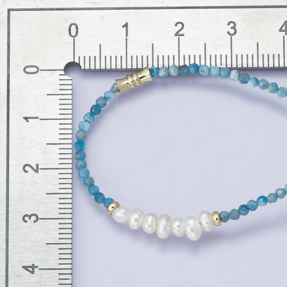 24K Gold Filled Blue Aquamarine Multifaceted Shell Pearl Gemstone Bead Figaro Chain Half 16.5 Inch Necklace w. Extender | WA-04208