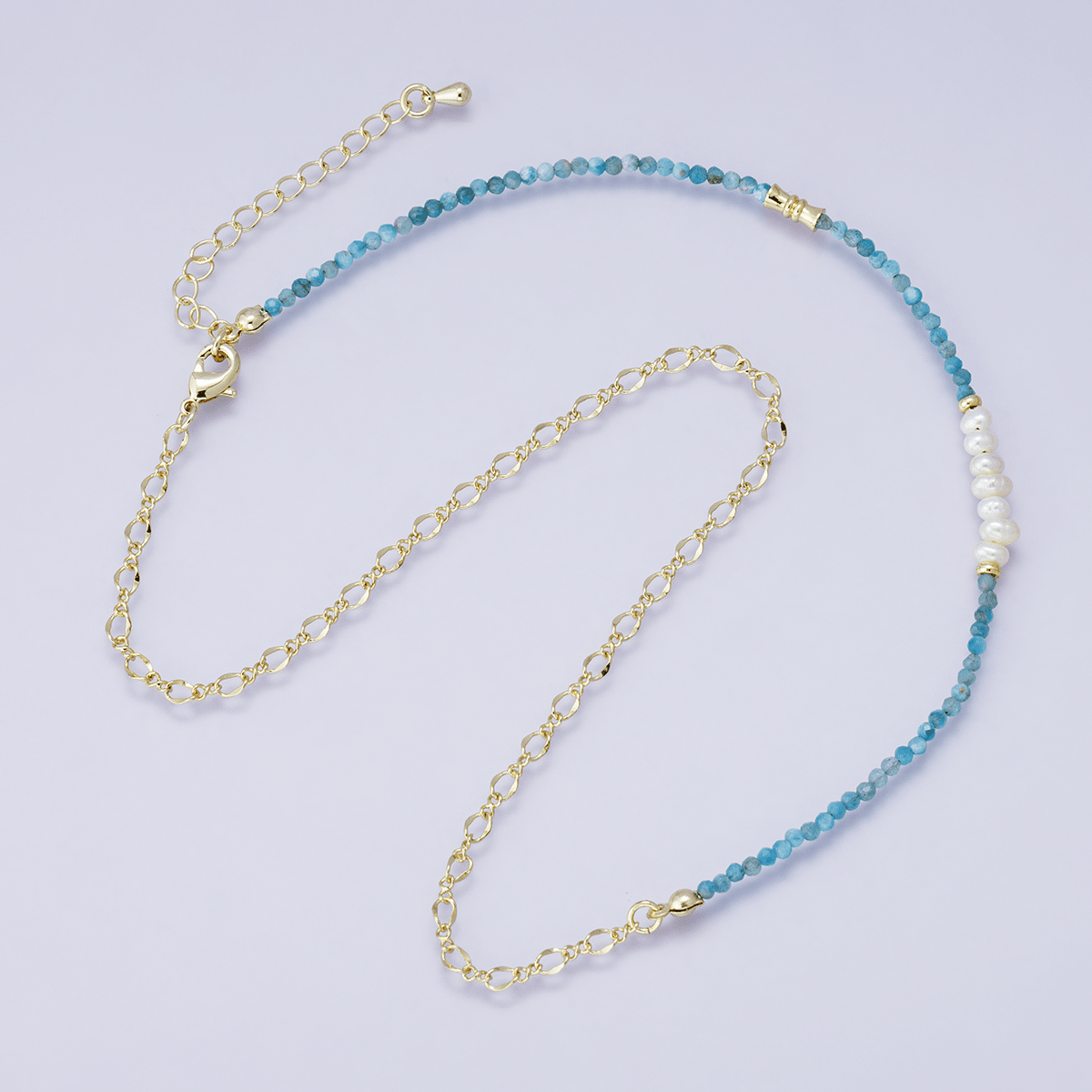 24K Gold Filled Blue Aquamarine Multifaceted Shell Pearl Gemstone Bead Figaro Chain Half 16.5 Inch Necklace w. Extender | WA-04208