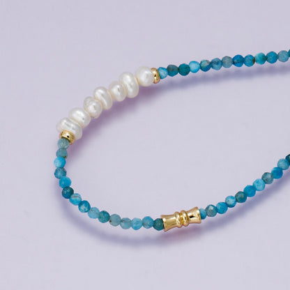 24K Gold Filled Blue Aquamarine Multifaceted Shell Pearl Gemstone Bead Paperclip Chain Half 18 Inch Necklace w. Extender | WA-04215