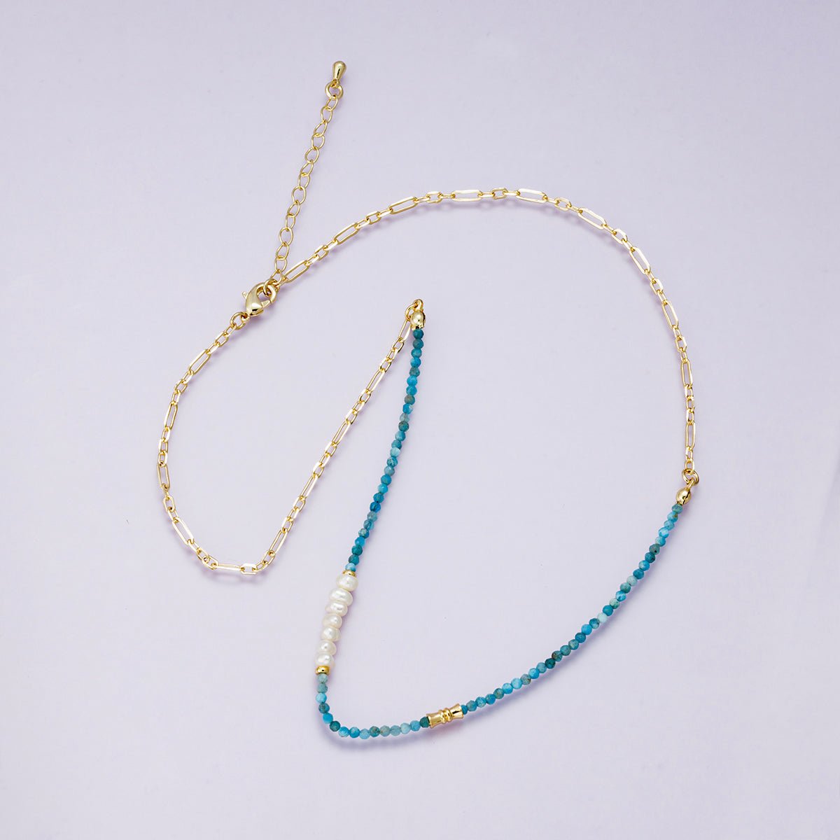 24K Gold Filled Blue Aquamarine Multifaceted Shell Pearl Gemstone Bead Paperclip Chain Half 18 Inch Necklace w. Extender | WA-04215