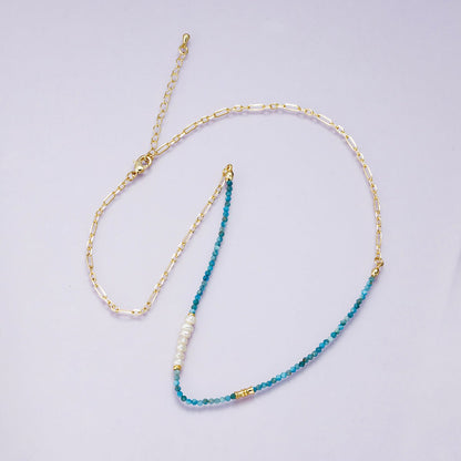 24K Gold Filled Blue Aquamarine Multifaceted Shell Pearl Gemstone Bead Paperclip Chain Half 18 Inch Necklace w. Extender | WA-04215