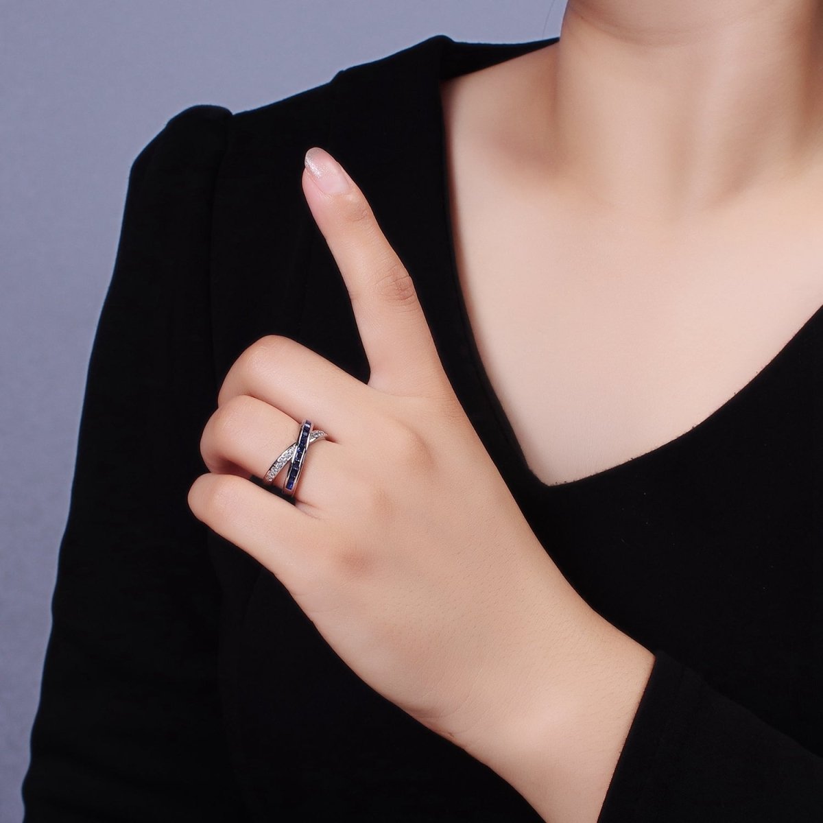 24K Gold Filled Blue Baguette Lined Micro Paved CZ Cross X Double Band Ring in Gold &amp; Silver | O-631 O-632