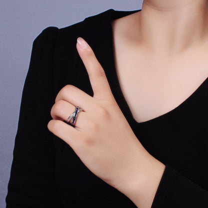24K Gold Filled Blue Baguette Lined Micro Paved CZ Cross X Double Band Ring in Gold &amp; Silver | O-631 O-632