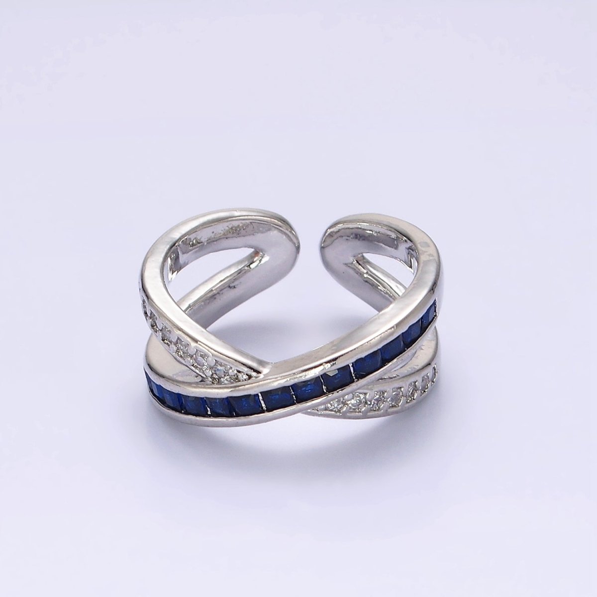 24K Gold Filled Blue Baguette Lined Micro Paved CZ Cross X Double Band Ring in Gold &amp; Silver | O-631 O-632
