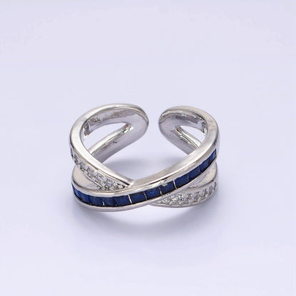 24K Gold Filled Blue Baguette Lined Micro Paved CZ Cross X Double Band Ring in Gold &amp; Silver | O-631 O-632