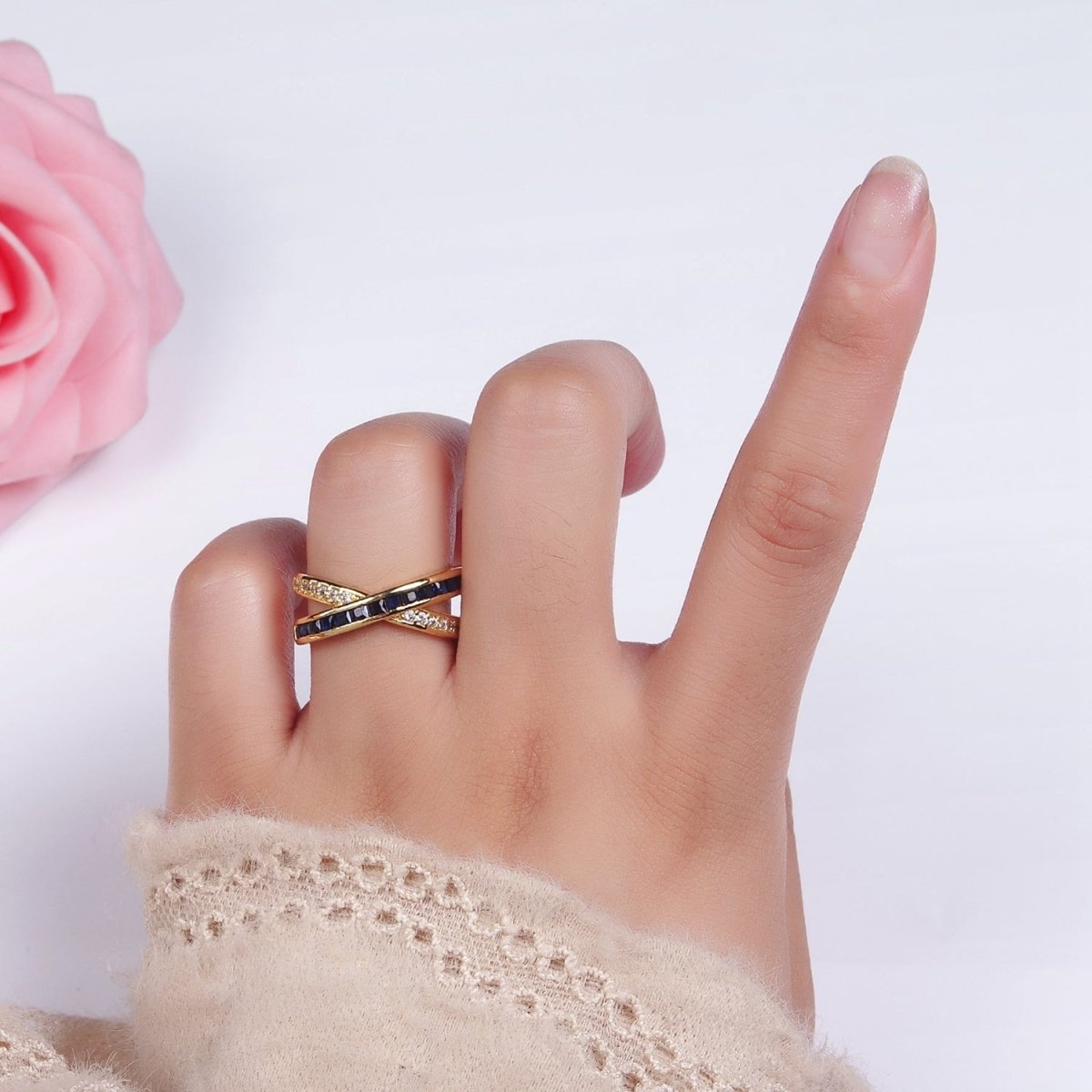 24K Gold Filled Blue Baguette Lined Micro Paved CZ Cross X Double Band Ring in Gold &amp; Silver | O-631 O-632