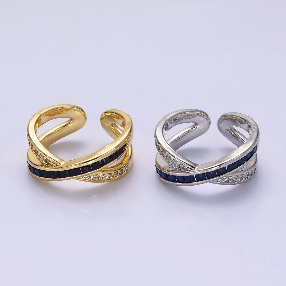24K Gold Filled Blue Baguette Lined Micro Paved CZ Cross X Double Band Ring in Gold &amp; Silver | O-631 O-632