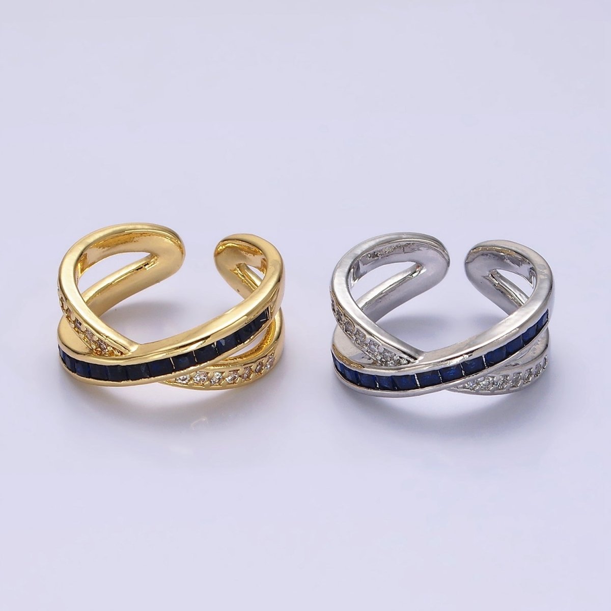24K Gold Filled Blue Baguette Lined Micro Paved CZ Cross X Double Band Ring in Gold &amp; Silver | O-631 O-632