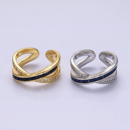 24K Gold Filled Blue Baguette Lined Micro Paved CZ Cross X Double Band Ring in Gold &amp; Silver | O-631 O-632