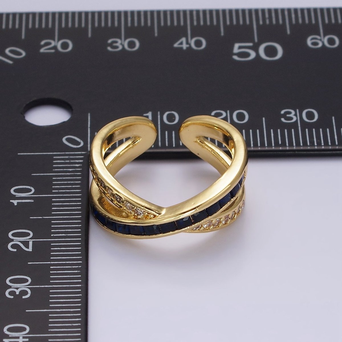 24K Gold Filled Blue Baguette Lined Micro Paved CZ Cross X Double Band Ring in Gold &amp; Silver | O-631 O-632