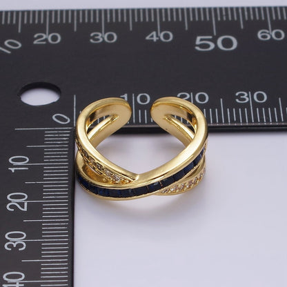 24K Gold Filled Blue Baguette Lined Micro Paved CZ Cross X Double Band Ring in Gold &amp; Silver | O-631 O-632