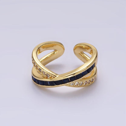 24K Gold Filled Blue Baguette Lined Micro Paved CZ Cross X Double Band Ring in Gold &amp; Silver | O-631 O-632