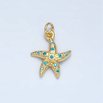 24K Gold Filled Blue CZ Micro Paved Textured Starfish Sea Animal Charm | M-896