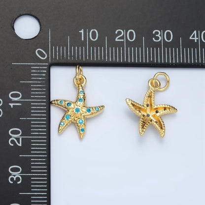 24K Gold Filled Blue CZ Micro Paved Textured Starfish Sea Animal Charm | M-896