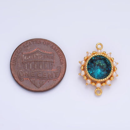 24K Gold Filled Blue CZ Shell Pearl Bezel Round Connector | F719