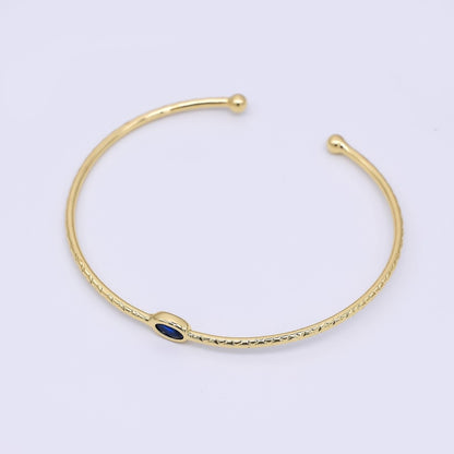 24K Gold Filled Blue CZ Simple Solitaire Cuff Bracelet | WA-3403
