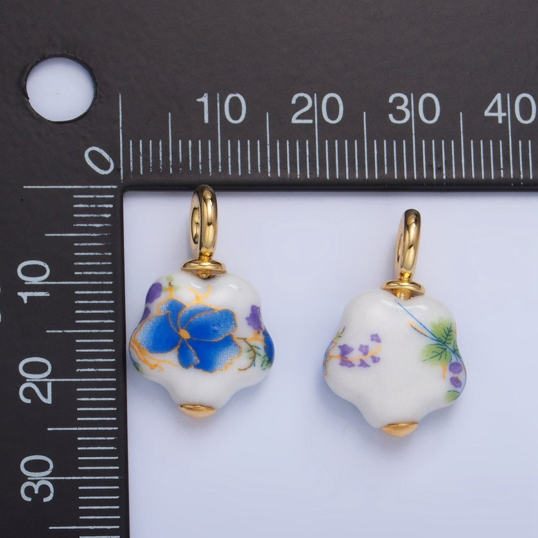 24K Gold Filled Blue Daisy Flower Ceramic Drop Pendant | X924