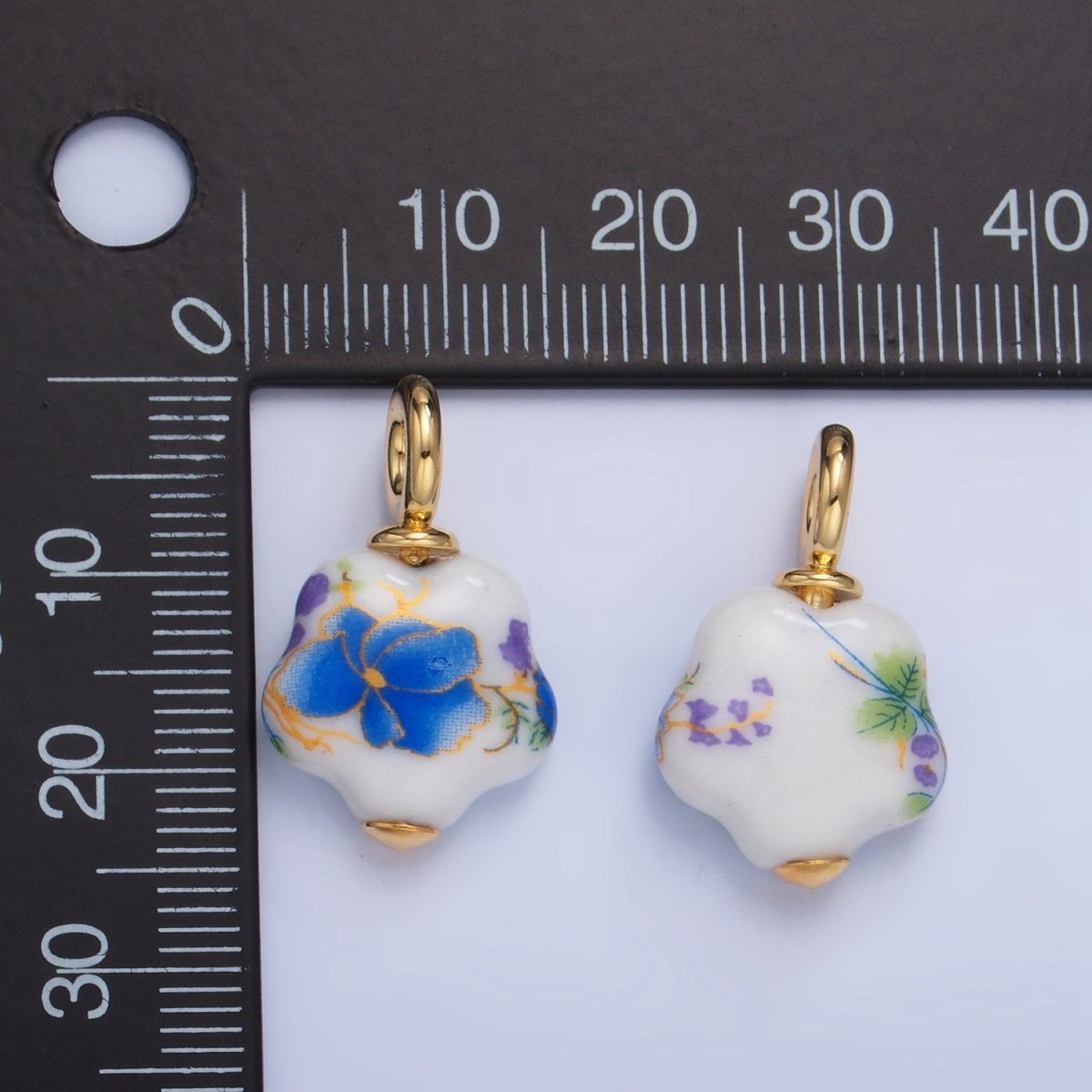 24K Gold Filled Blue Daisy Flower Ceramic Drop Pendant | X924