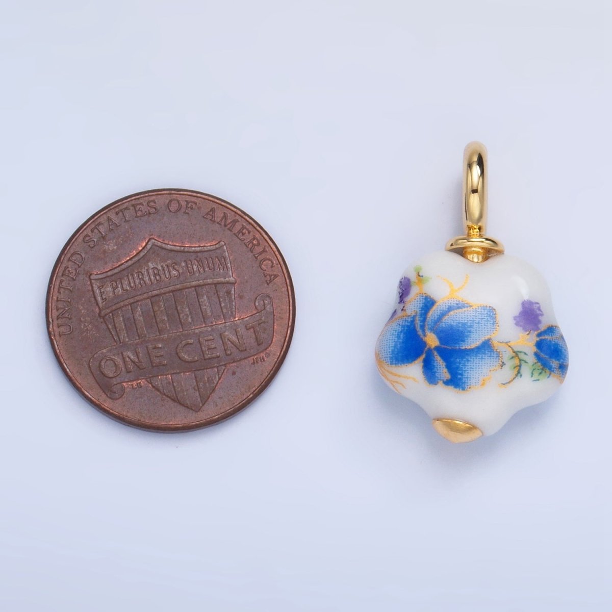 24K Gold Filled Blue Daisy Flower Ceramic Drop Pendant | X924