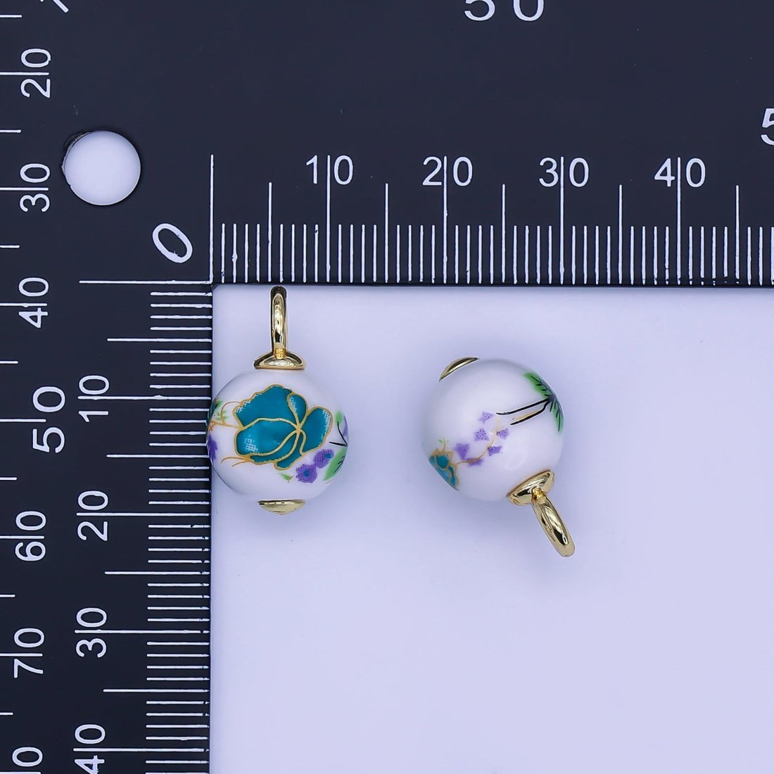 24K Gold Filled Blue Daisy Flower Round Ceramic Drop Pendant | C440