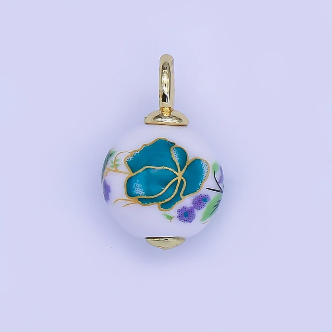 24K Gold Filled Blue Daisy Flower Round Ceramic Drop Pendant | C440