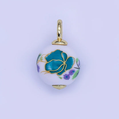 24K Gold Filled Blue Daisy Flower Round Ceramic Drop Pendant | C440
