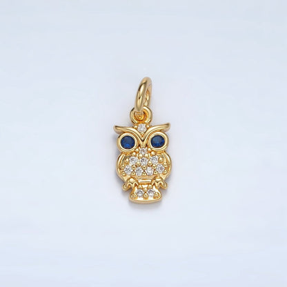 24K Gold Filled Blue-Eyed CZ Micro Paved Owl Bird Charm | E010