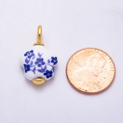 24K Gold Filled Blue Flower Ceramic Porcelain Drop Charm | W147