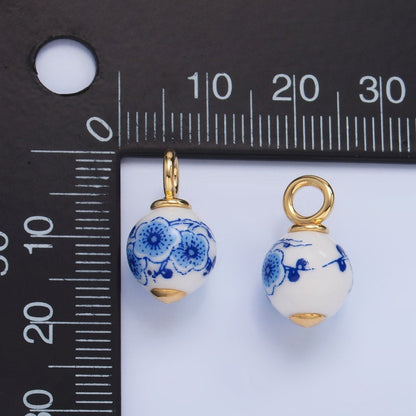 24K Gold Filled Blue Flowers White Ceramic Drop Charm | W122