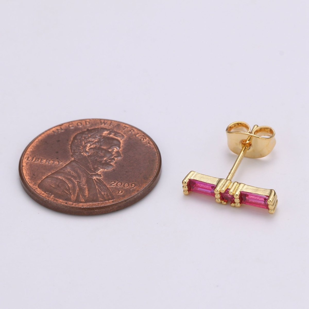 24K Gold Filled Blue / Fuchsia Baguette CZ Stud Earrings | Q-498 Q-499