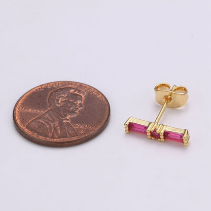 24K Gold Filled Blue / Fuchsia Baguette CZ Stud Earrings | Q-498 Q-499